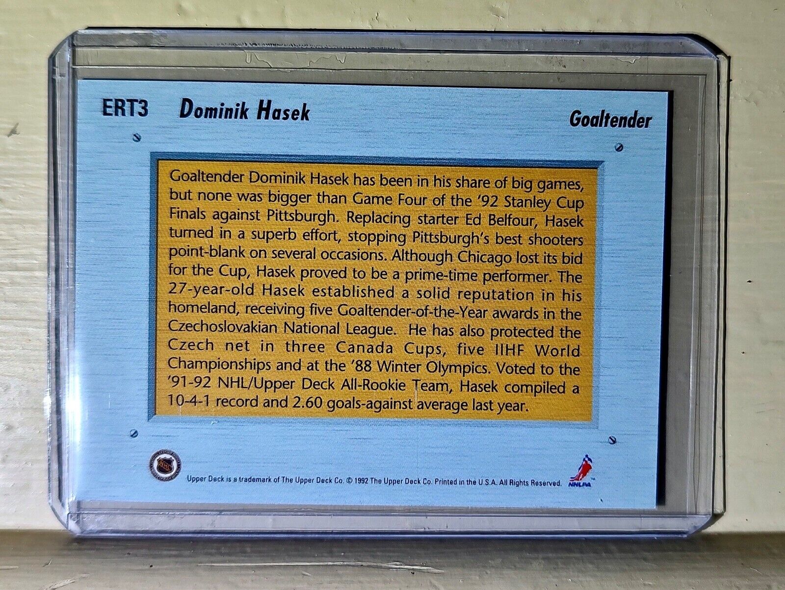 Dominik Hasek 1992-93 Upper Deck Euro-Rookie Team #ERT3 Hologram Hockey Card