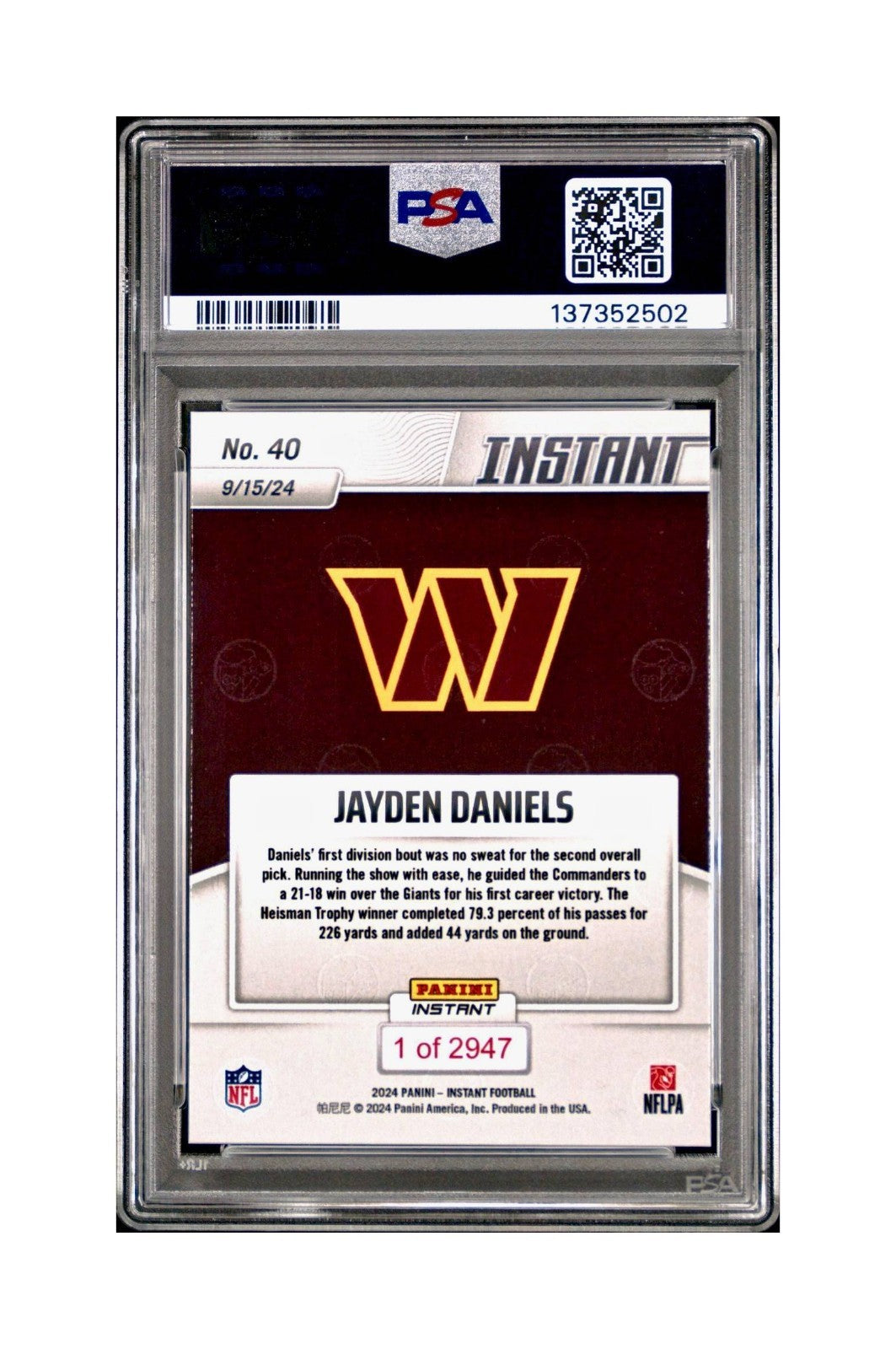 Jayden Daniels Rookie 2024 Panini Instant NFL #40 PSA 8 NM-MT
