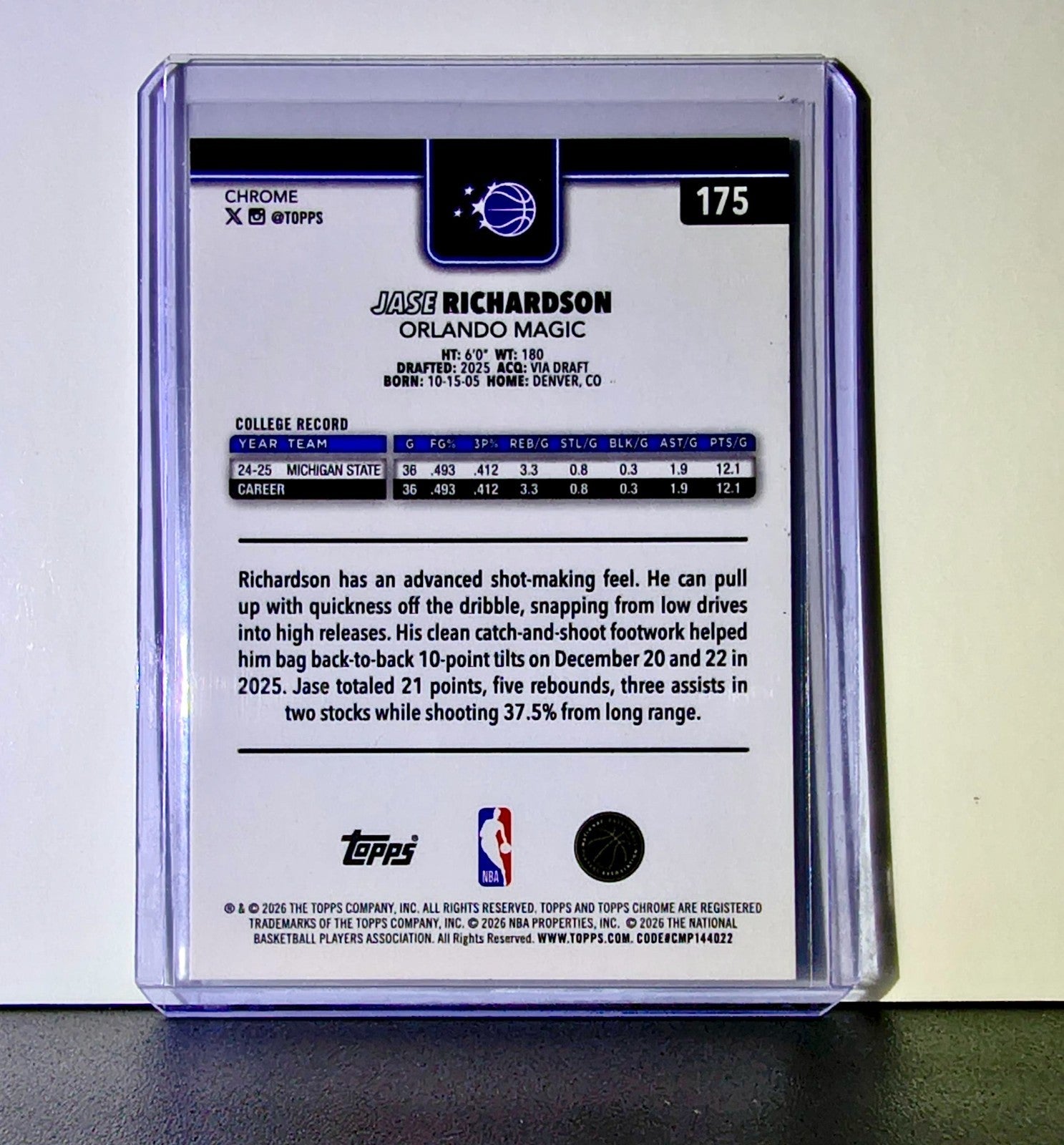 Jase Richardson Rookie 2025-26 NBA Topps Chrome Update #175 Card Orlando Magic