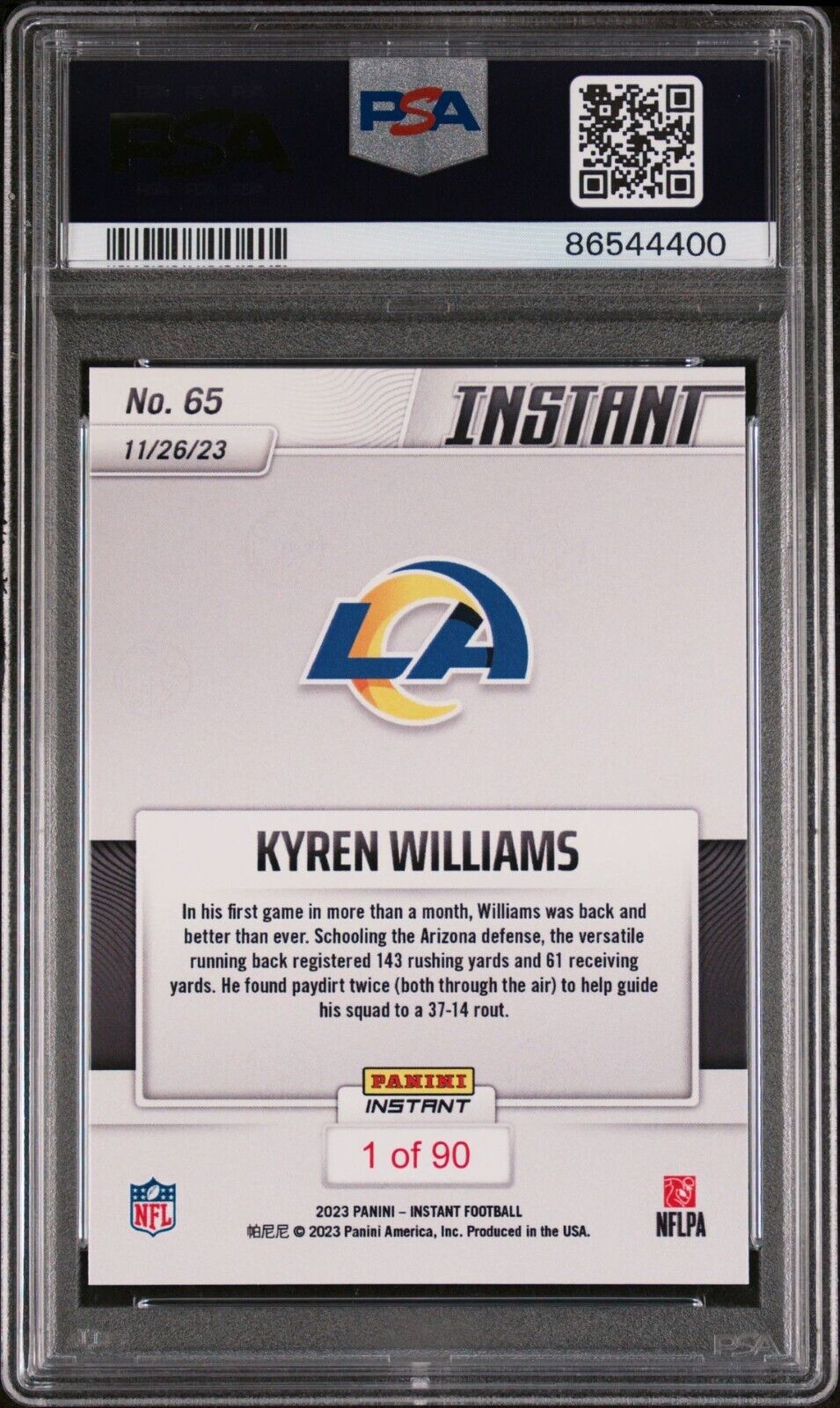 Kyren Williams 2023 Panini NFL Football #65 Card 1 of 90 Rams PSA 9 Mint