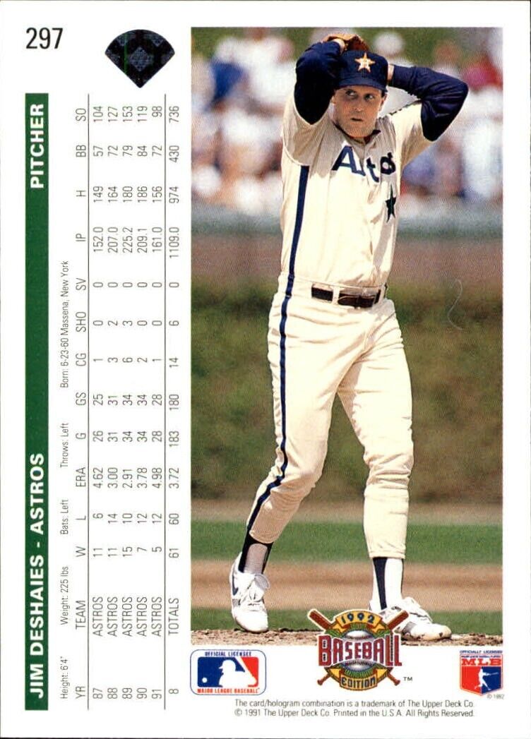 Jim Deshaies 1992 Upper Deck MLB #297 Baseball Card Houston Astros