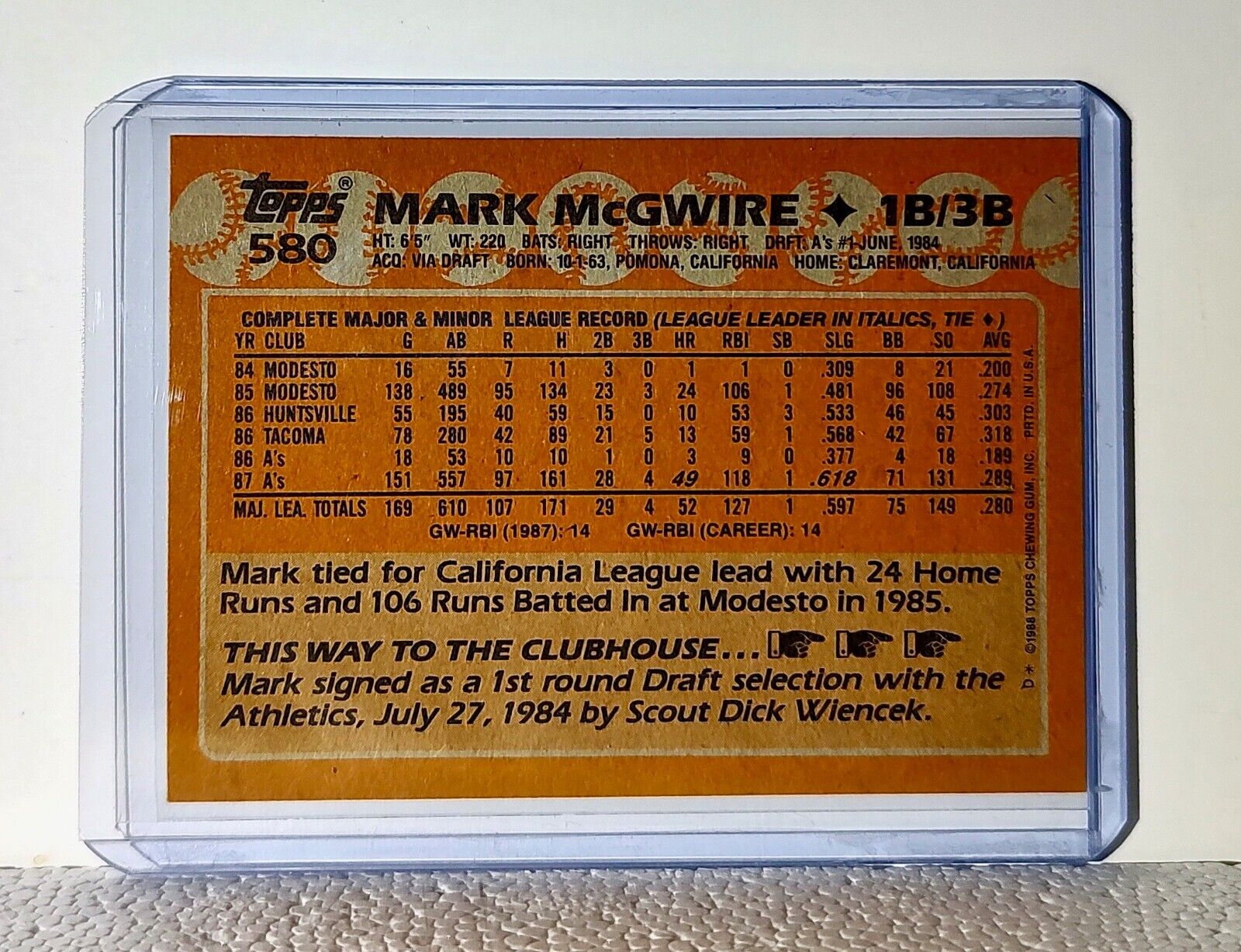 Mark McGwire 1988 Topps MLB #580 Baseball Card Oakland Athletics