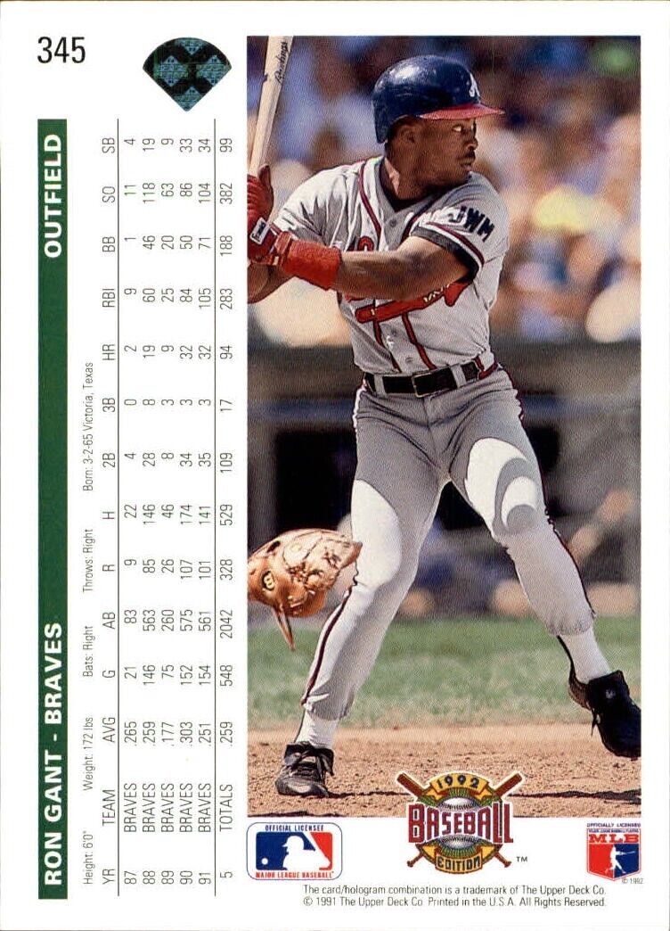 Ron Gant 1992 Upper Deck MLB #345 Baseball Card Atlanta Braves