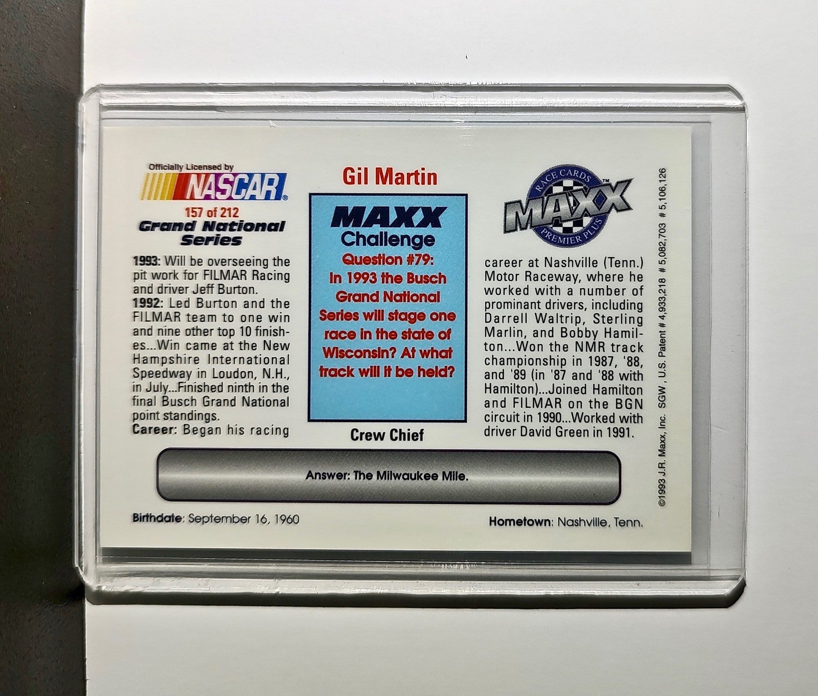 Gil Martin 1993 Maxx Premier Plus Racing #157 NASCAR Card FILMAR Racing