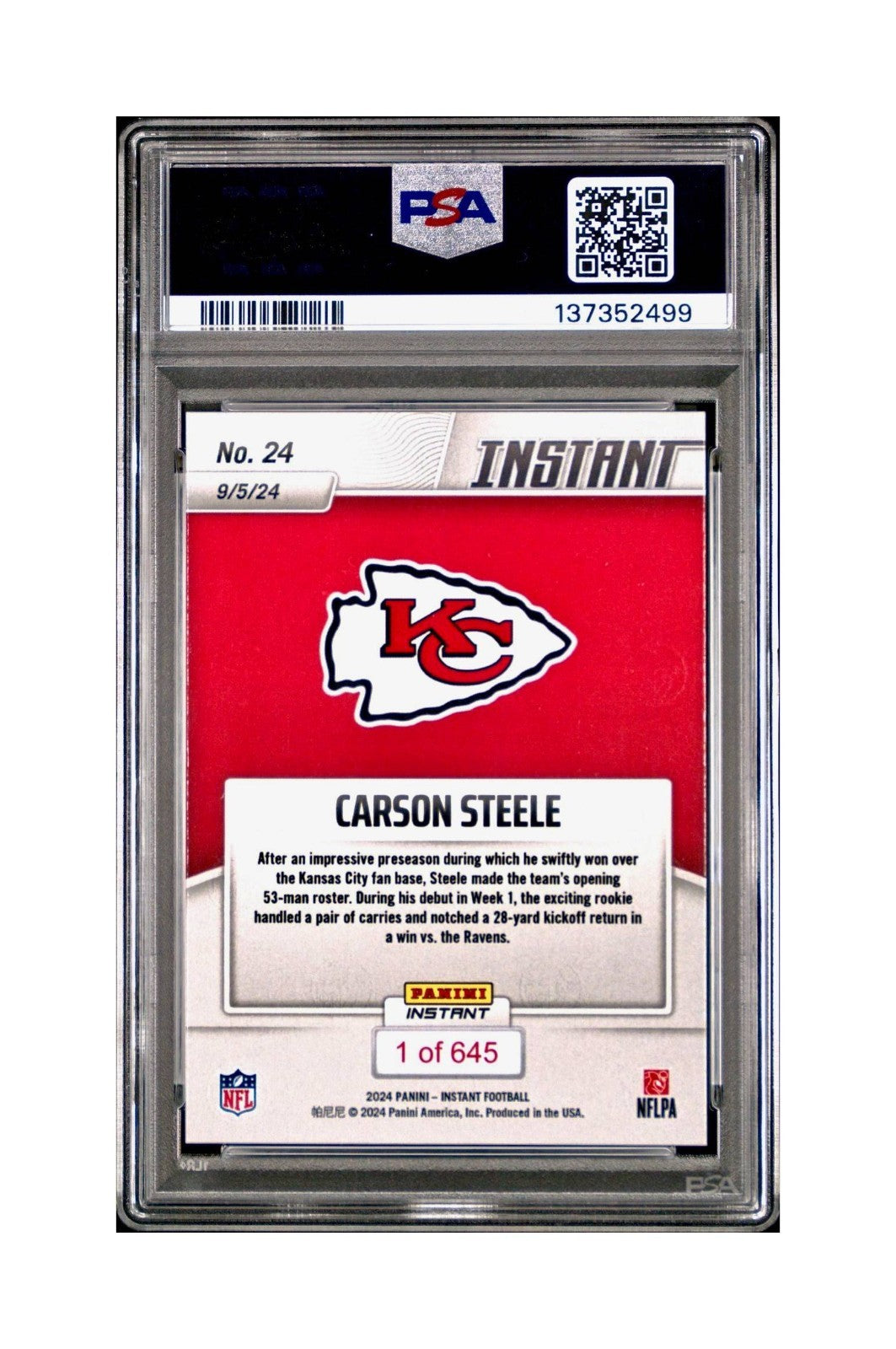 Carson Steele Rookie 2024 Panini Instant NFL #24 PSA 9 Mint