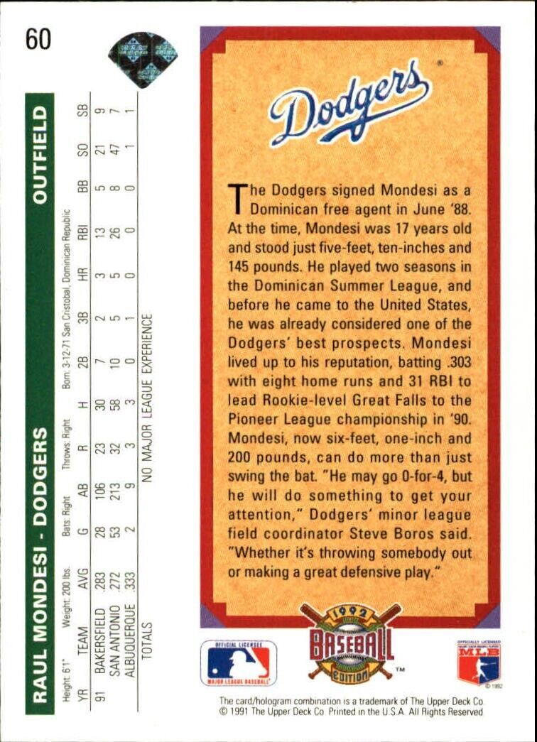 Raul Mondesi 1992 Upper Deck MLB #60 Baseball Card Los Angeles Dodgers