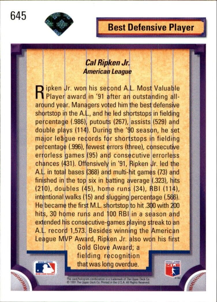 Cal Ripken 1992 Upper Deck MLB #645 DS Baseball Card Baltimore Orioles