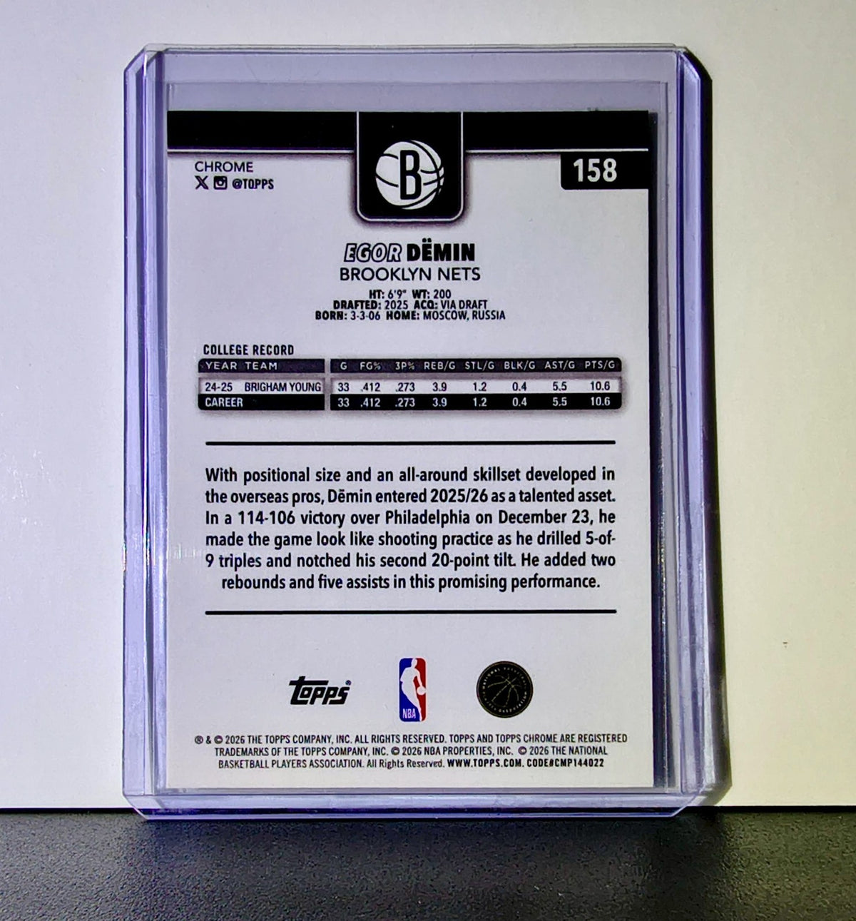 Egor Dëmin Rookie 2025-26 NBA Topps Chrome Update #158 Basketball Card Nets 