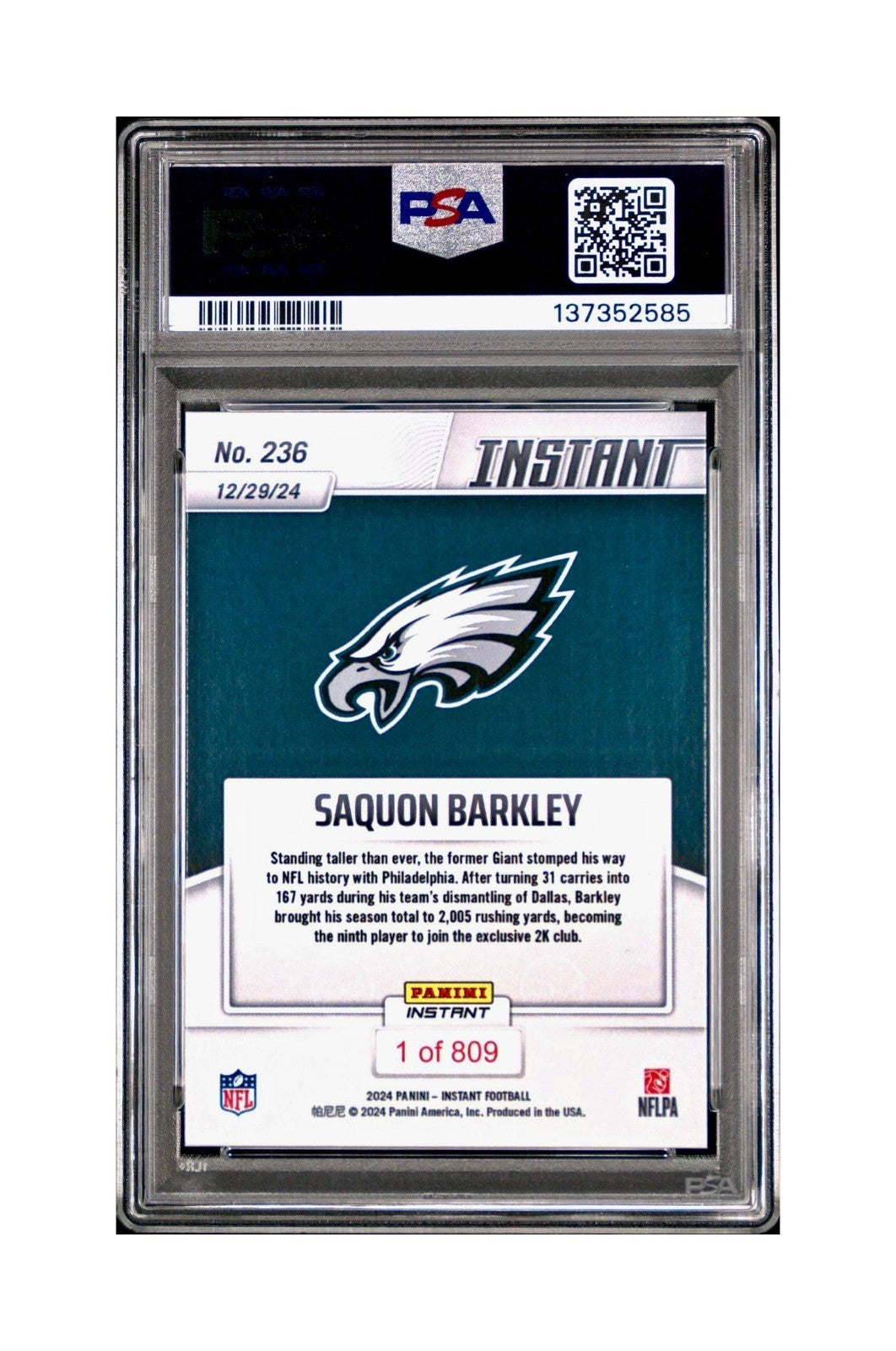 Saquon Barkley 2024 Panini Milestone NFL #236 Eagles 1 of 809 PSA 10 Gem Mint