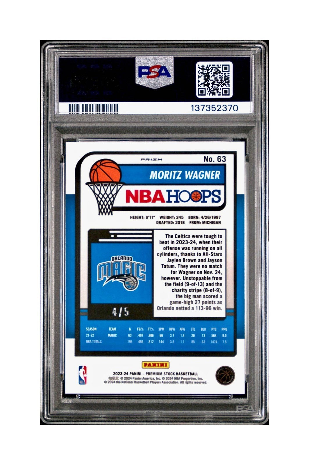 Moritz Wagner 2023 Panini Hoops Premium #63 4/5 Green Disco Prizm PSA 10 Gem