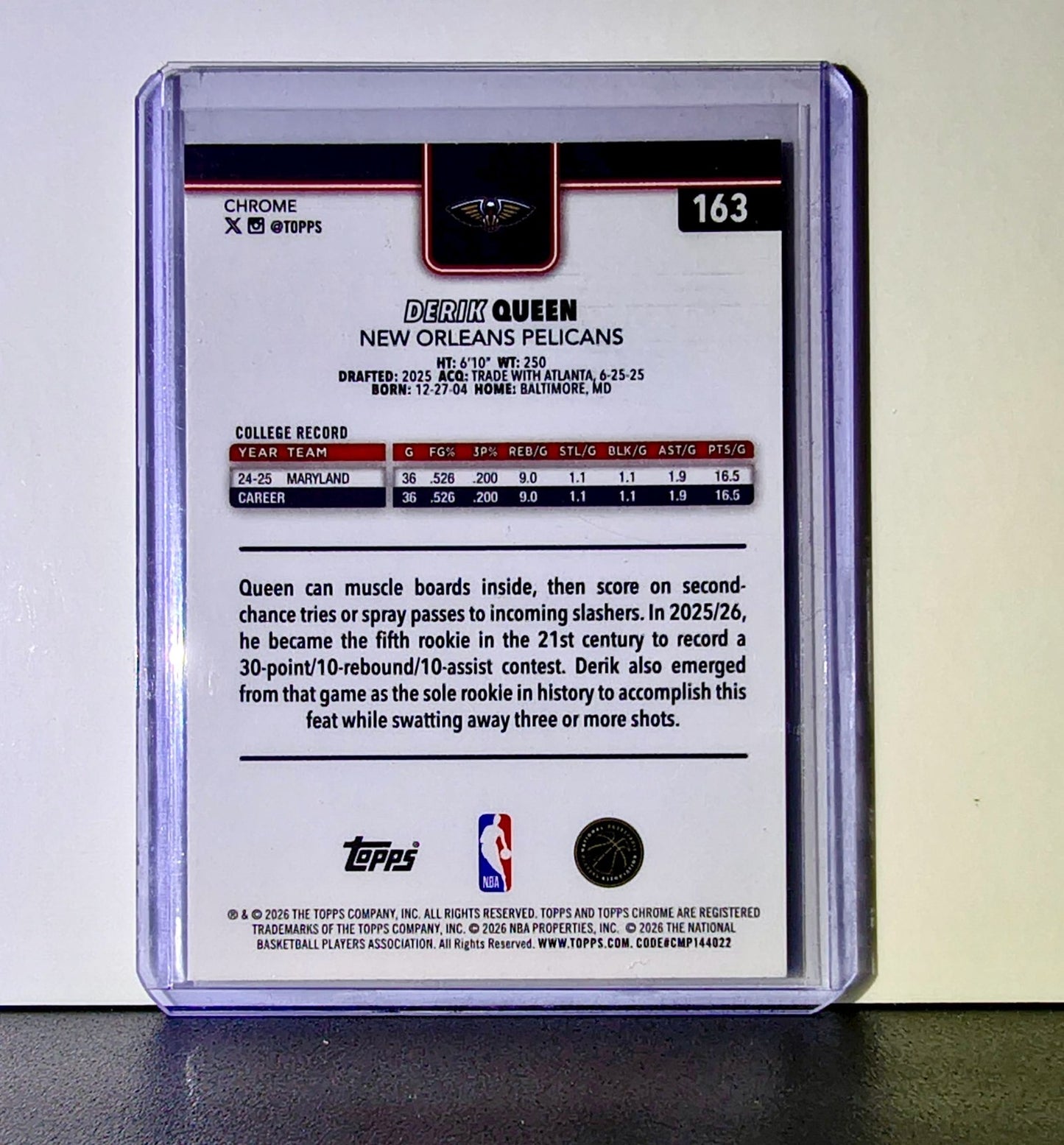 Derik Queen Rookie 2025-26 NBA Topps Chrome Update X-Fractor #163 Card Pelicans