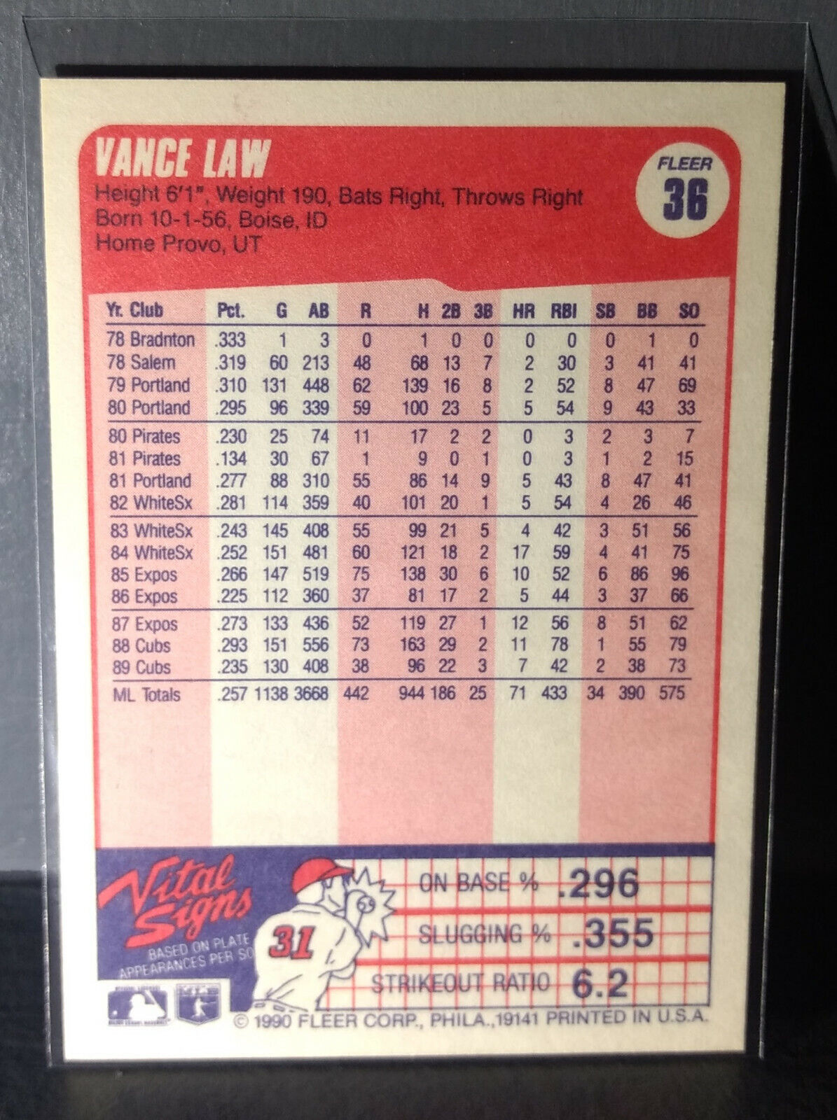 1990 Vance Law Fleer Baseball Card #36