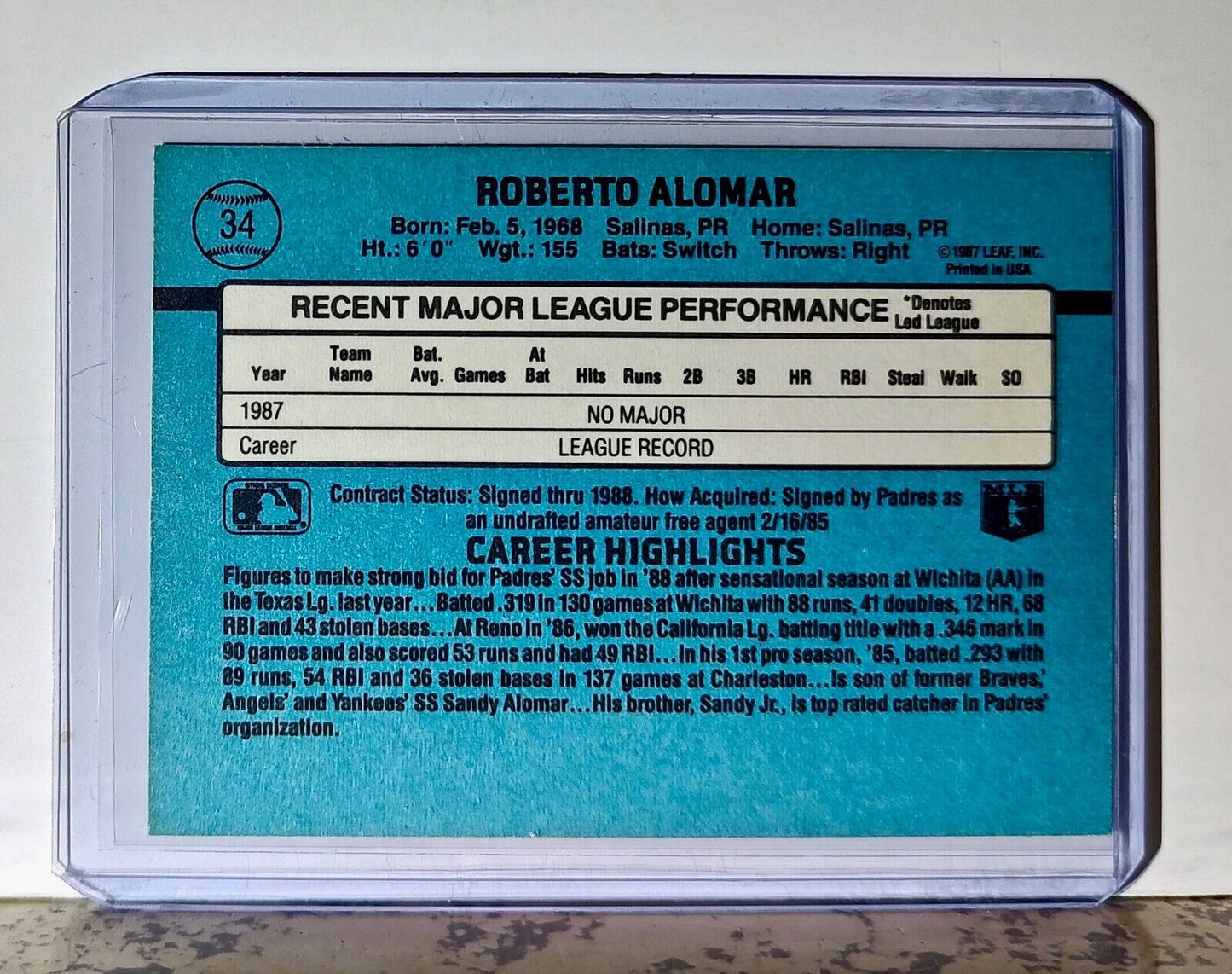 Roberto Alomar 1988 Donruss MLB #34 Baseball Card San Diego Padres