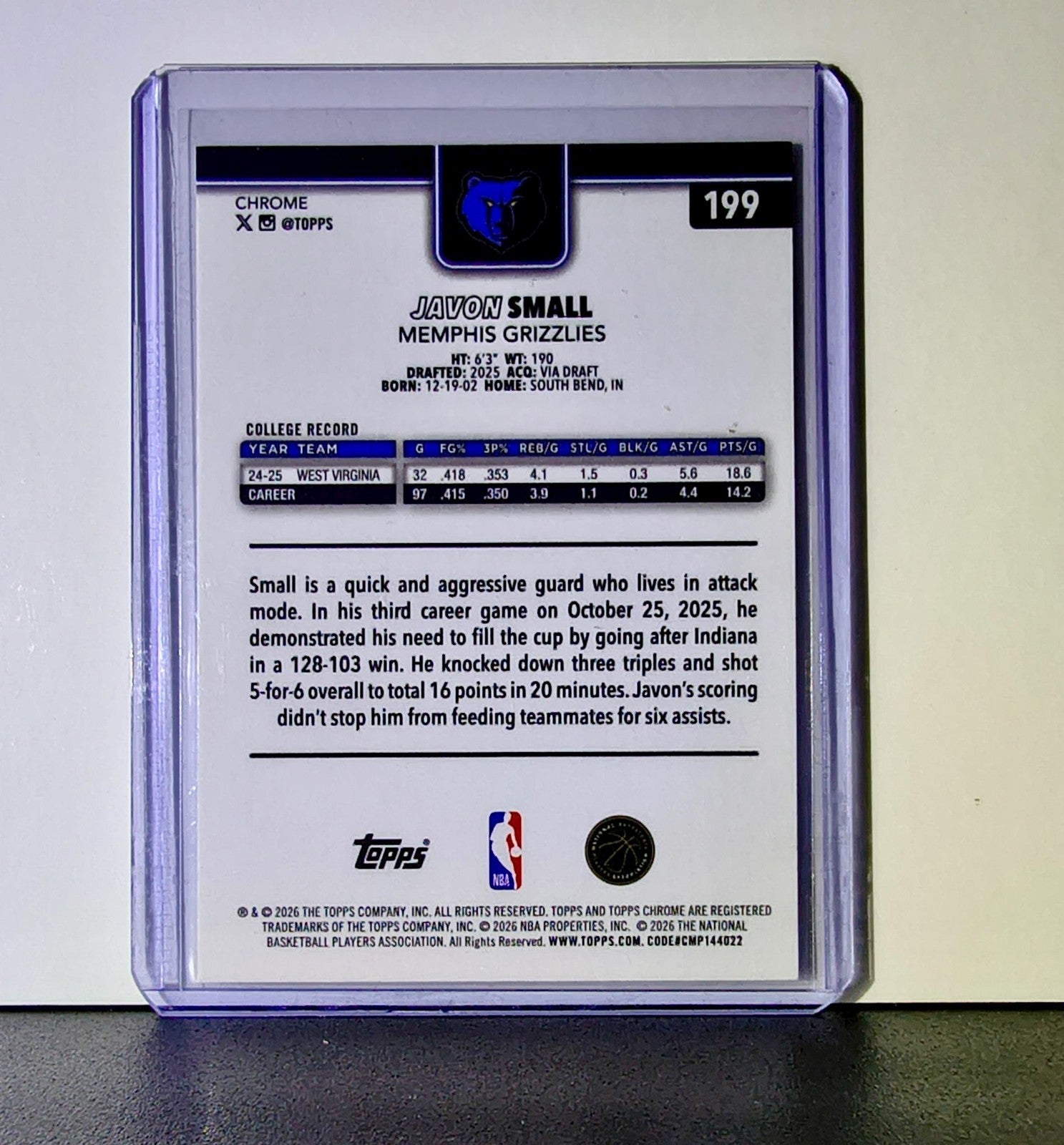 Javon Small Rookie 2025-26 NBA Topps Chrome Update X-Fractor #199 Card Grizzlies
