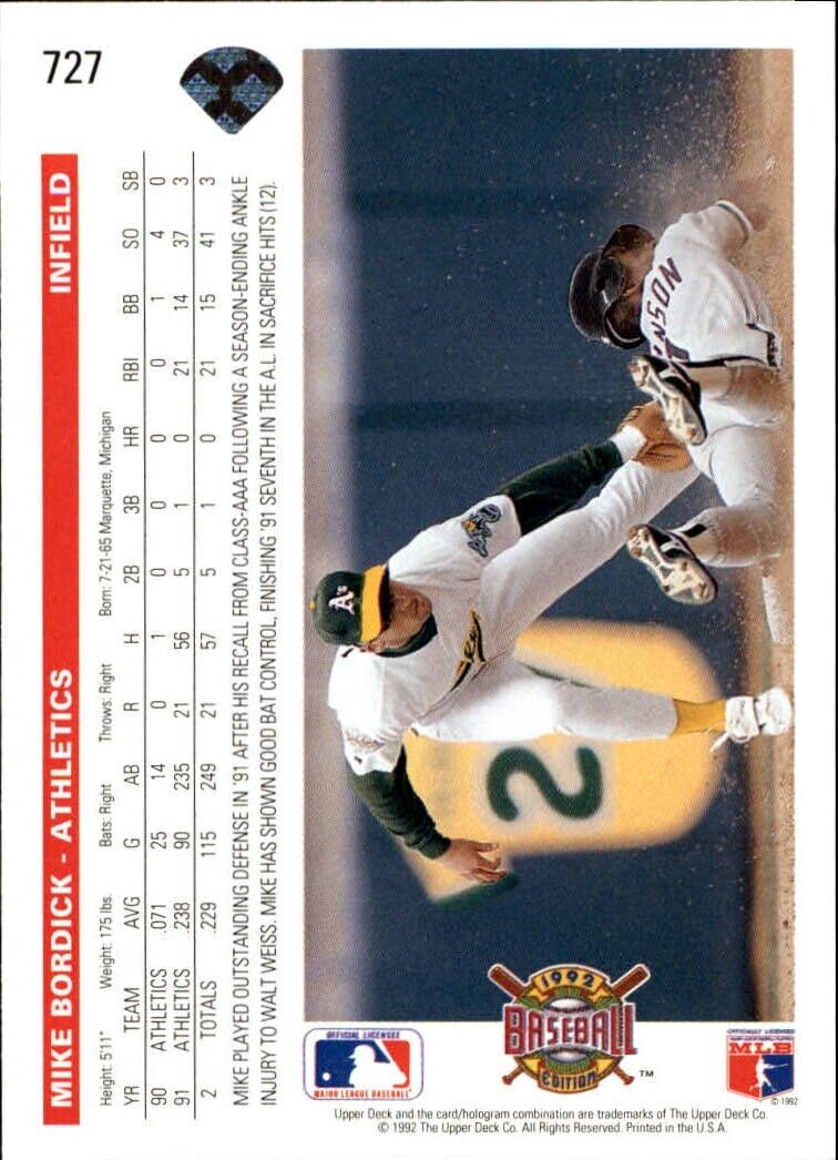 Mike Bordick 1992 Upper Deck MLB #727 Baseball Card Oakland Athletics