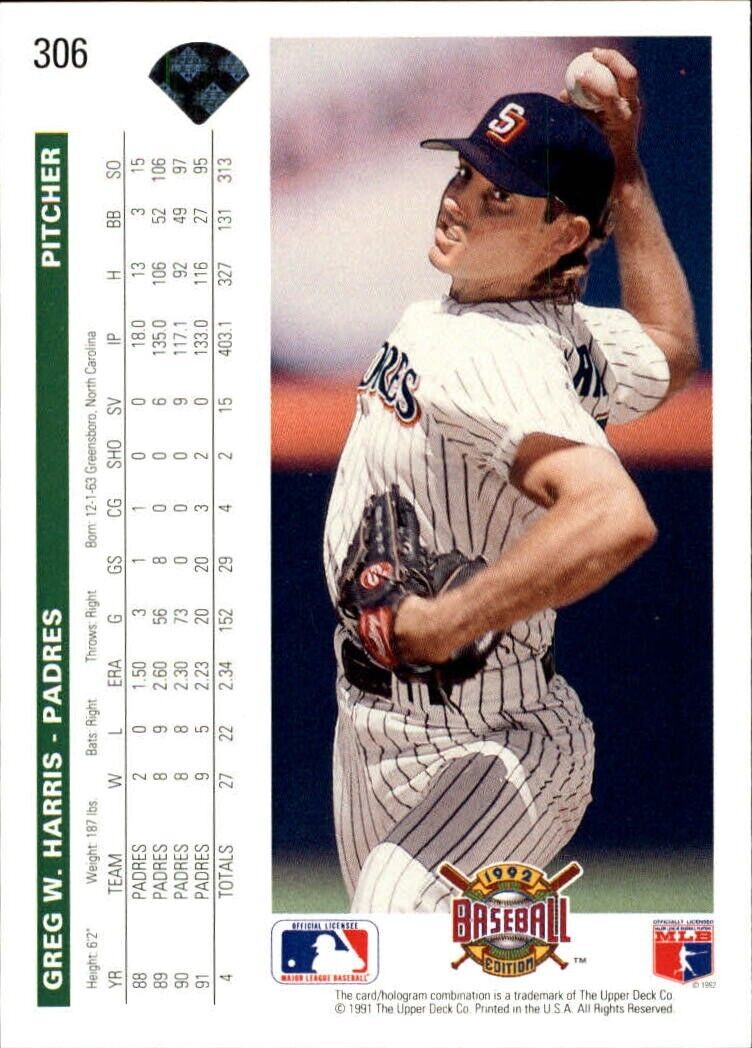 Greg W. Harris 1992 Upper Deck MLB #306 Baseball Card San Diego Padres