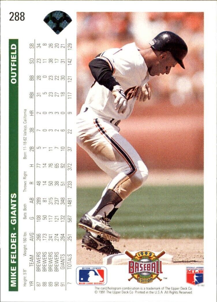 Mike Felder 1992 Upper Deck MLB #288 Baseball Card San Francisco Giants