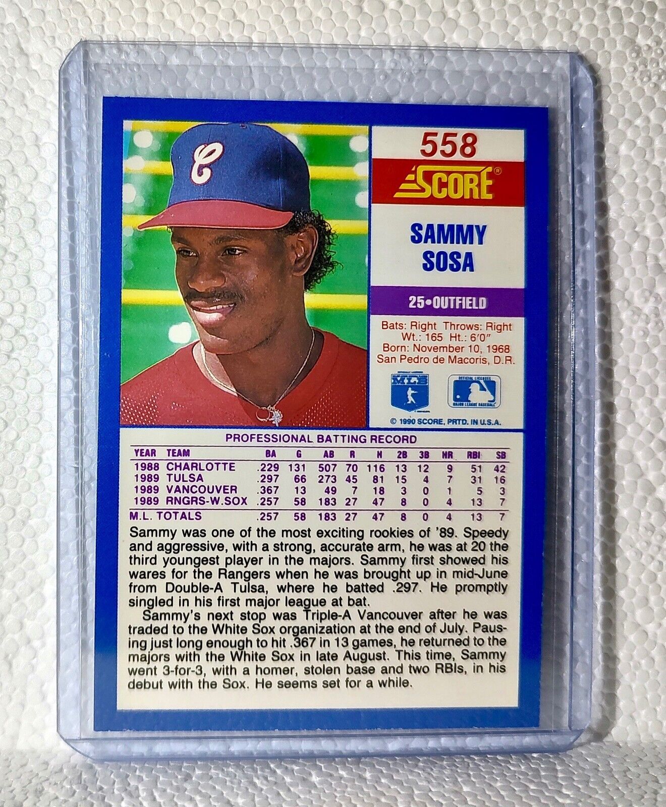 Sammy Sosa 1990 Score MLB #558 Baseball Card Chicago White Sox