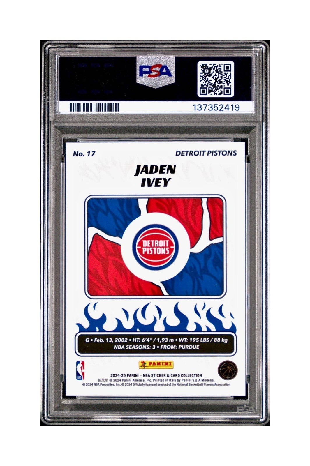 Jaden Ivey 2024-25 Panini NBA #17 Sticker 50/75 Purple Foil PSA 8 NM-MT