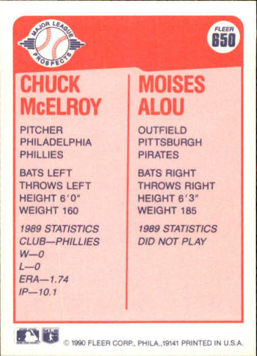 1990 Chuck McElroy / Moises Alou Fleer Baseball Card #650