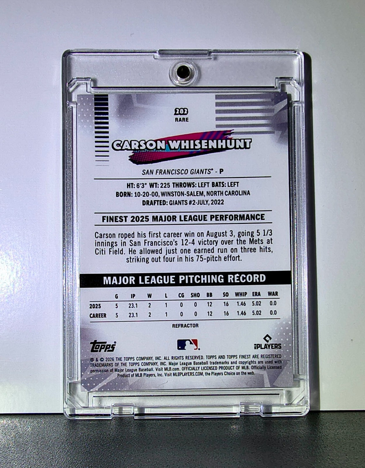 Carson Whisenhunt Rookie 2026 MLB Topps Finest #282 Rare Refractor SF Giants
