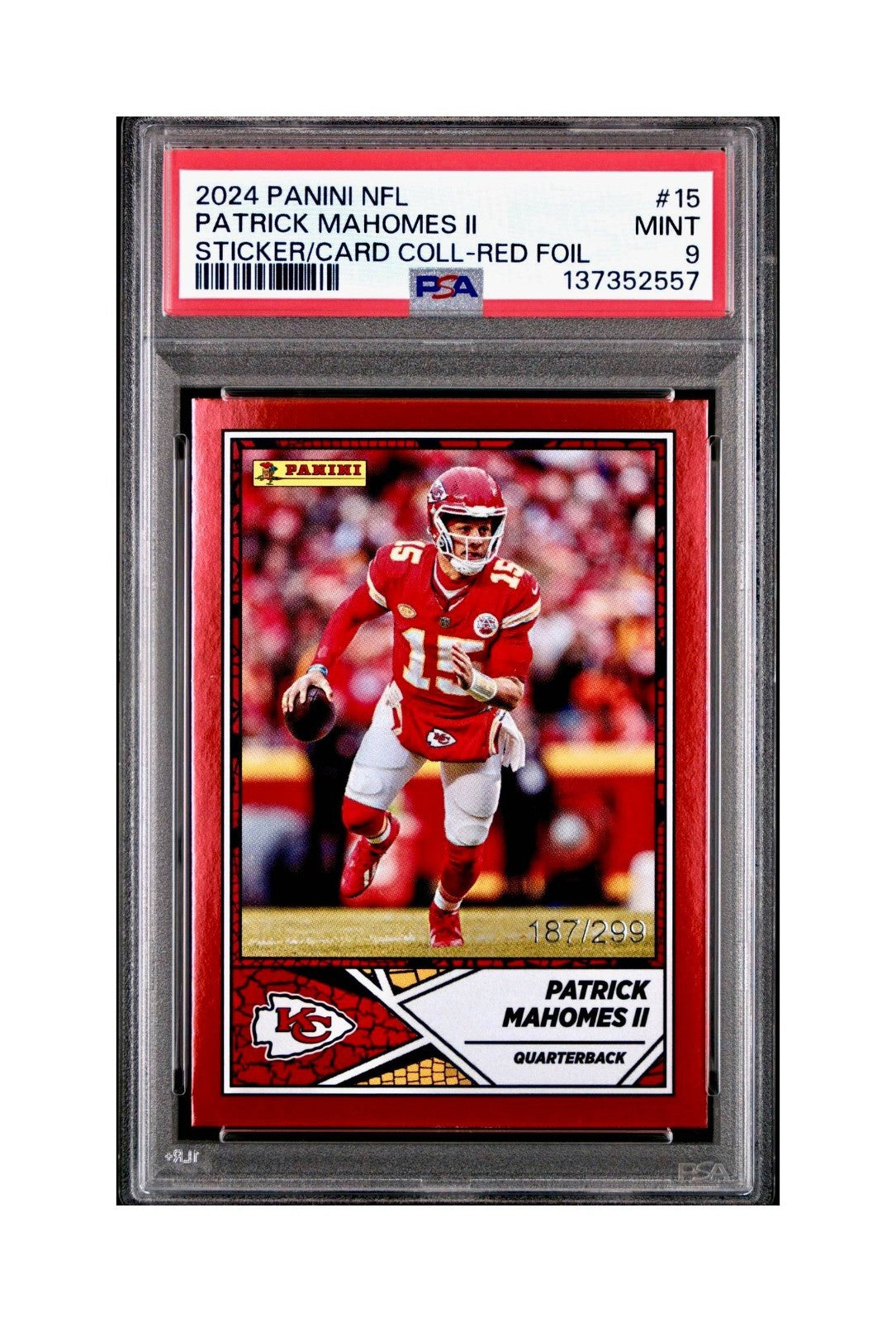 Patrick Mahomes 2024 Panini Sticker Collection 187/299 #15 Red Foil PSA 9 Mint