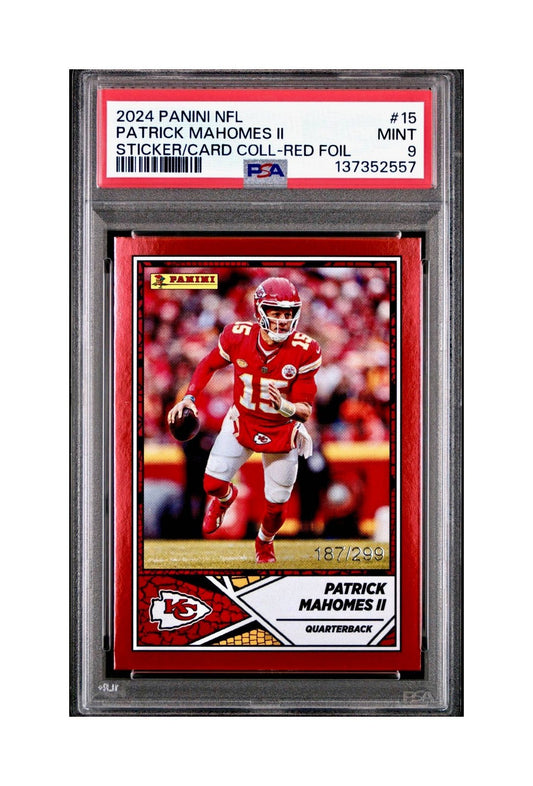 Patrick Mahomes 2024 Panini Sticker Collection 187/299 #15 Red Foil PSA 9 Mint