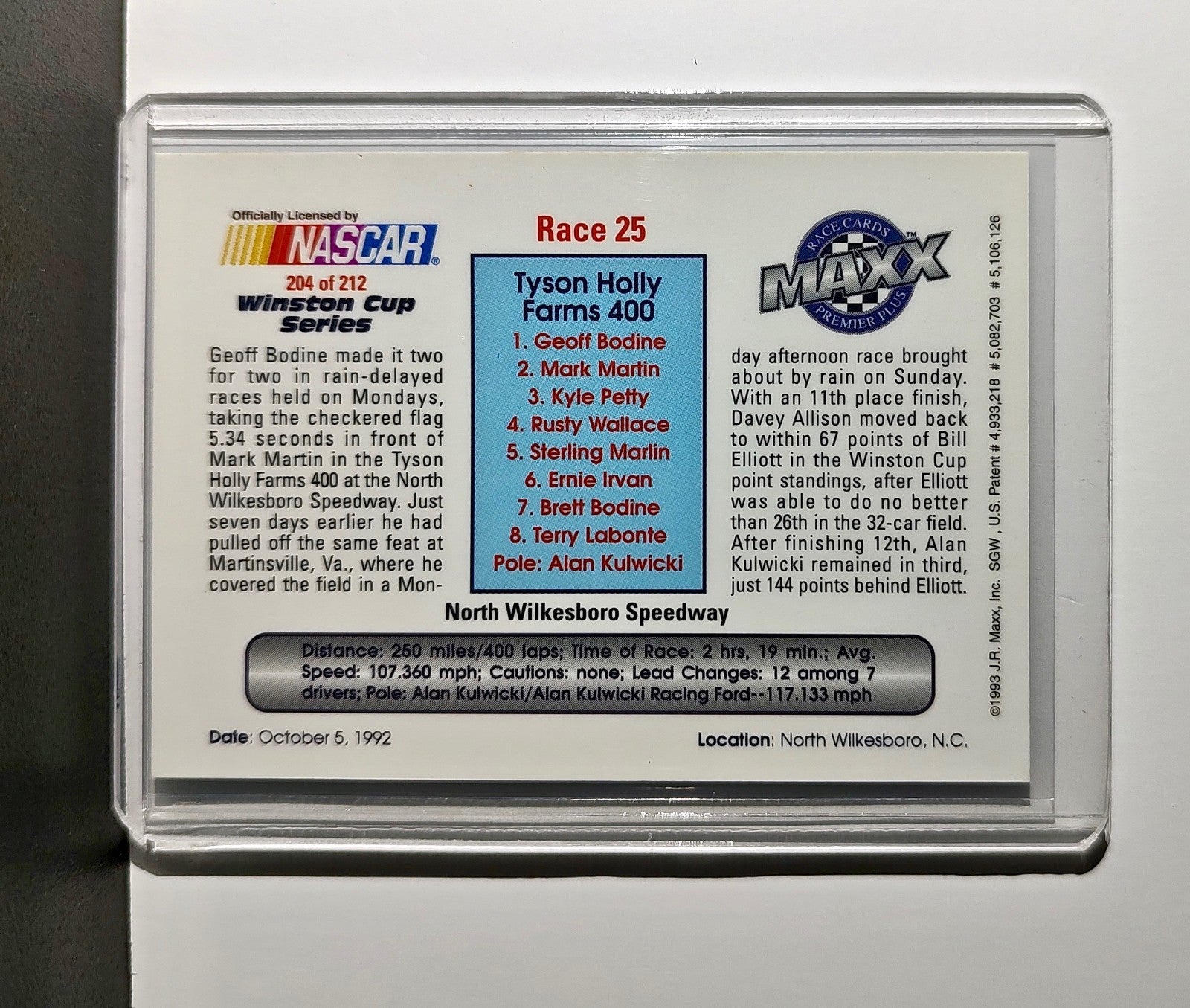 Race 25 North Wilkesboro YR 1993 Maxx Premier Plus Racing #204 NASCAR Card