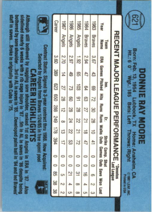 1988 Donnie Moore Donruss Baseball Card #621