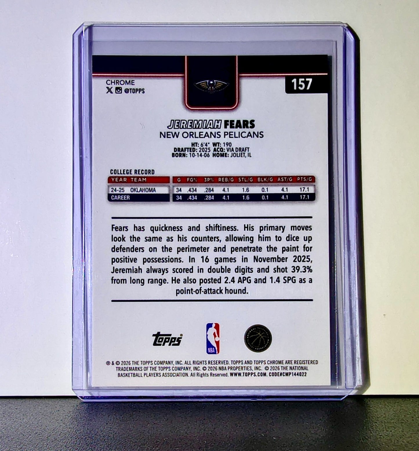 Jeremiah Fears Rookie 2025-26 NBA Topps Chrome Update #157 Card Orleans Pelicans