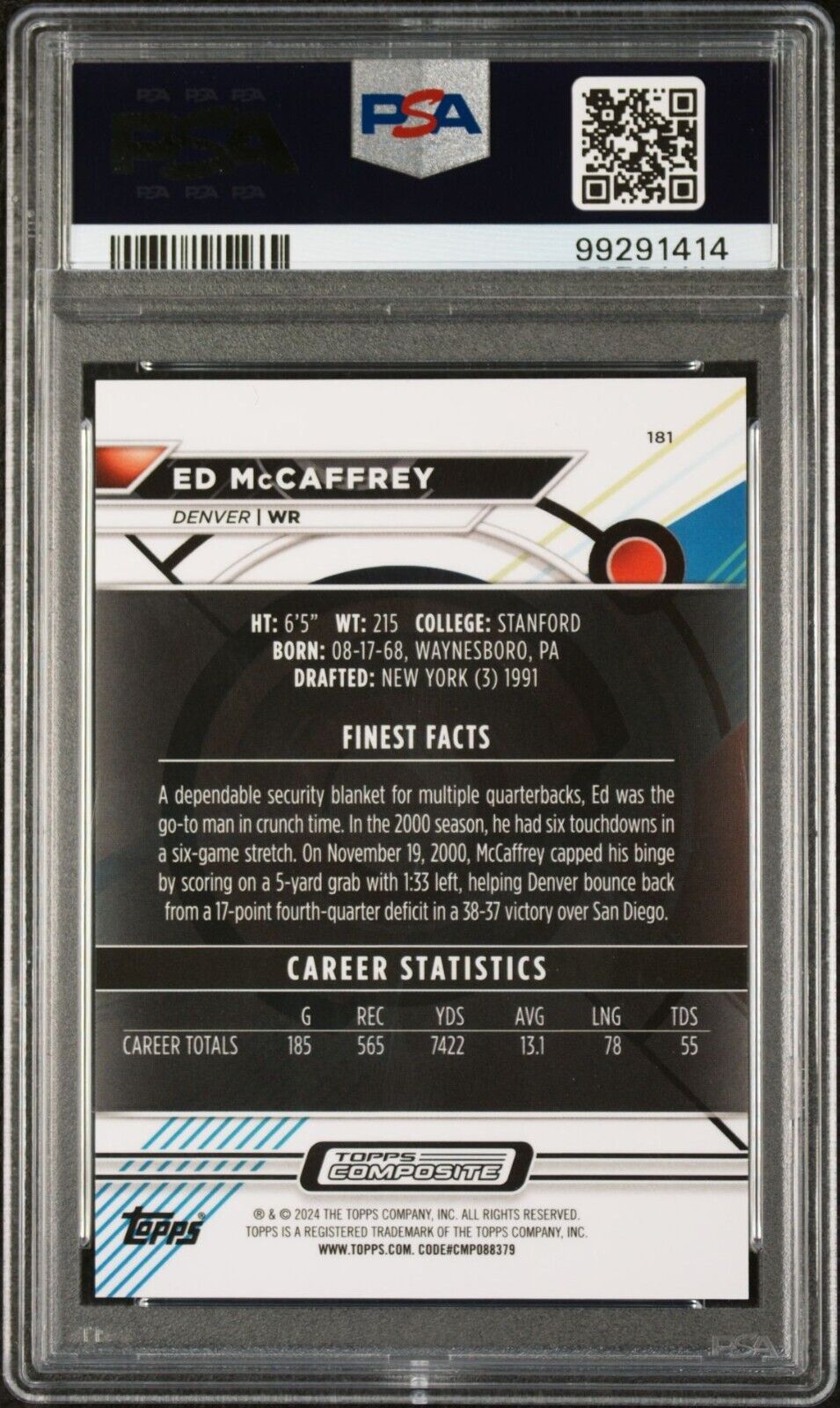 Ed McCaffrey 2023 Topps Finest NFL #181 Blue Refractor 029/199 Card PSA 9 Mint