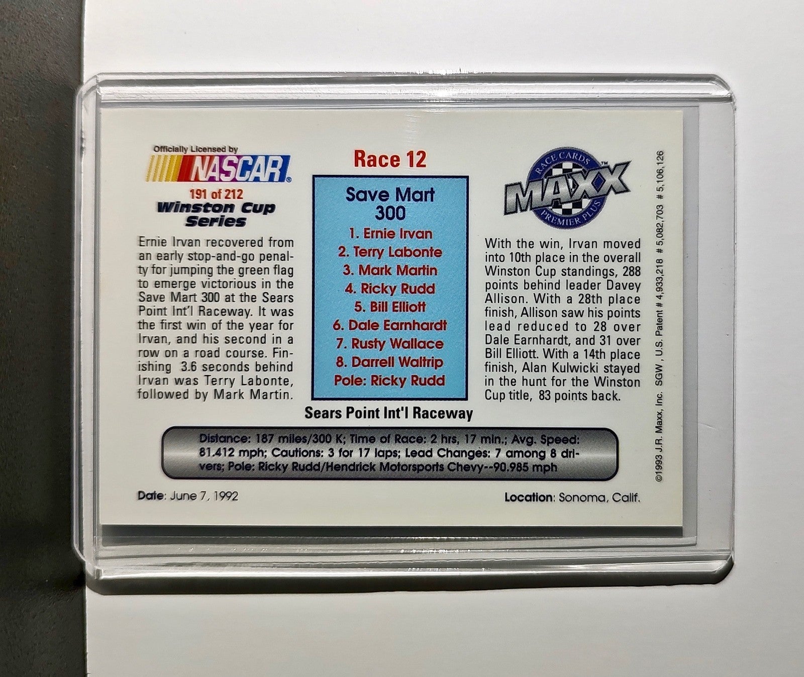 Race 12 Sears Point YR 1993 Maxx Premier Plus Racing #191 NASCAR Card