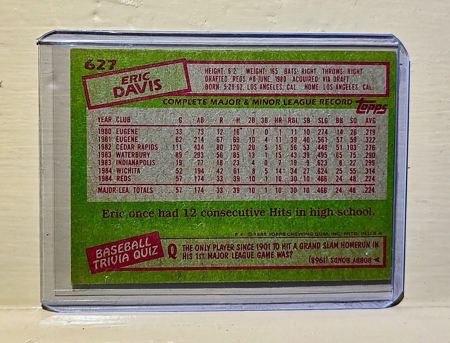 Eric Davis 1985 Topps MLB #627 Baseball Card Cincinnati Reds