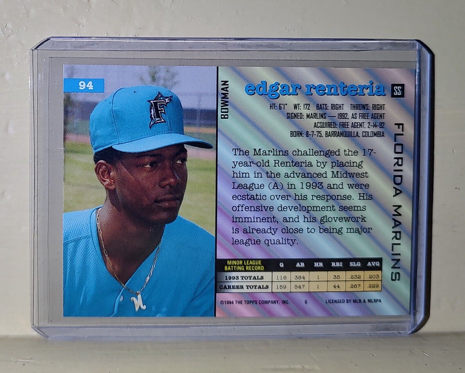 Edgar Renteria 1994 Topps Bowman MLB #94 Baseball Card Florida Marlins