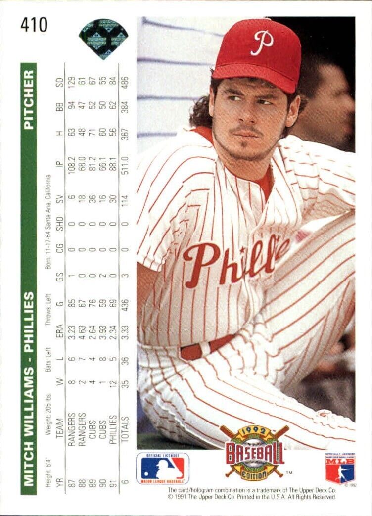 Mitch Williams 1992 Upper Deck MLB #410 Baseball Card Philadelphia Phillies