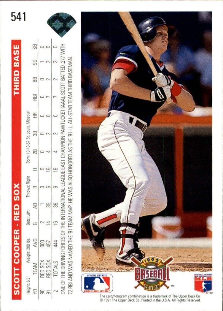 Scott Cooper 1992 Upper Deck MLB #541 Baseball Card Boston Red Sox
