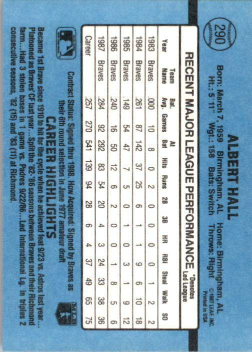 1988 Albert Hall Donruss Baseball Card #290