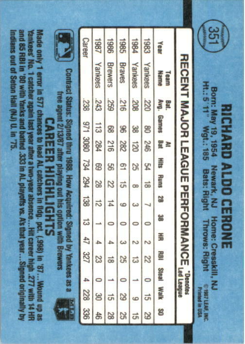 1988 Rick Cerone Donruss Baseball Card #351