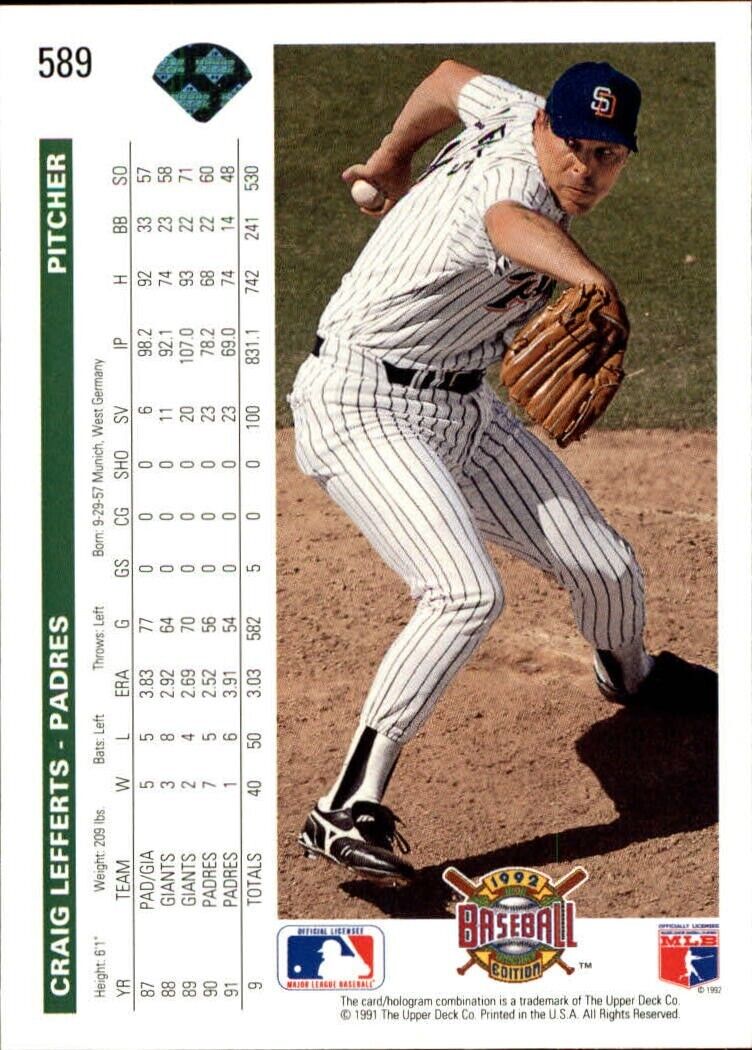 Craig Lefferts 1992 Upper Deck MLB #589 Baseball Card San Diego Padres
