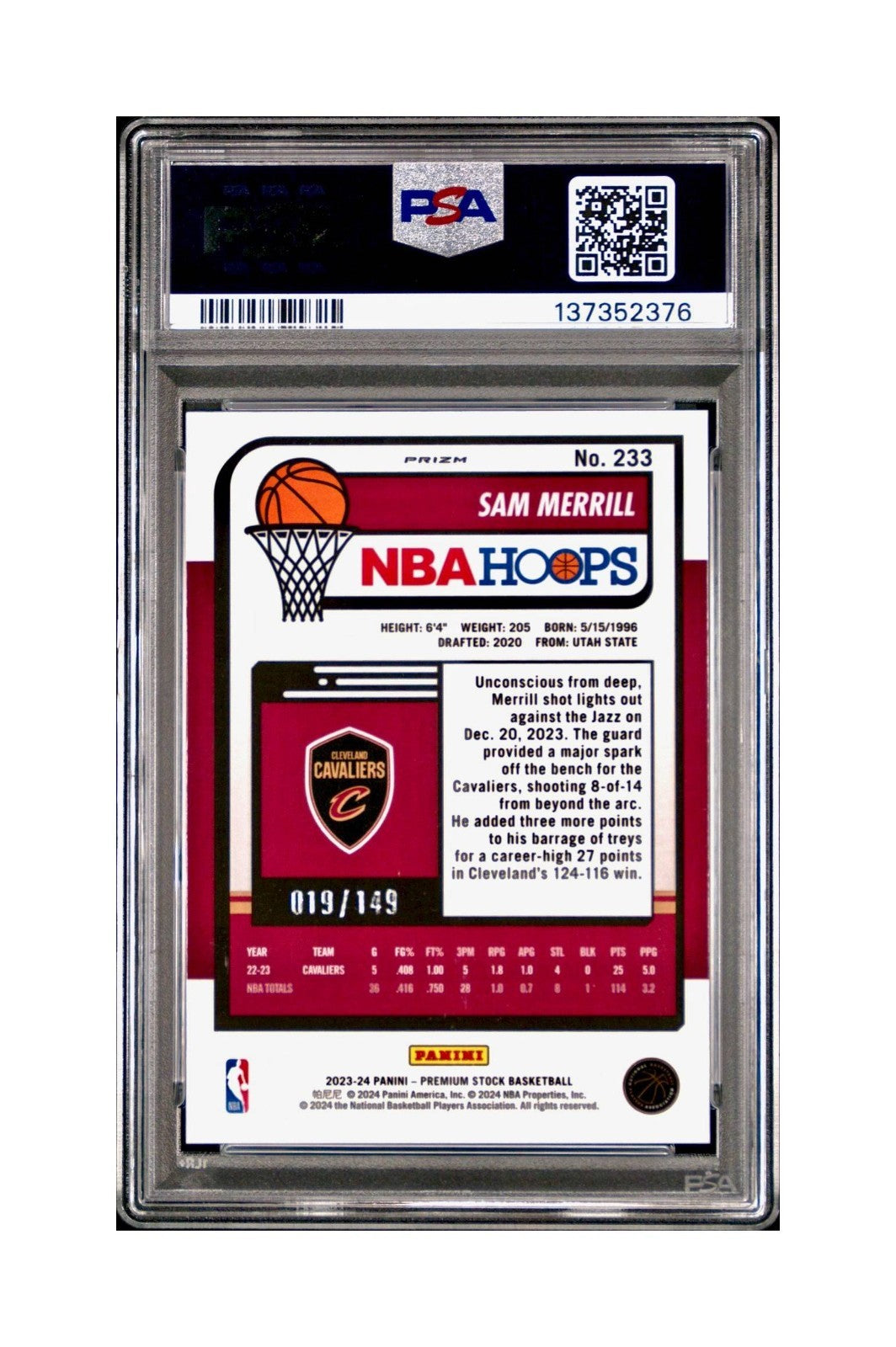 Sam Merrill 2023 Panini Hoops Premium #233 19/149 Red Disco Prizm PSA 9 Mint