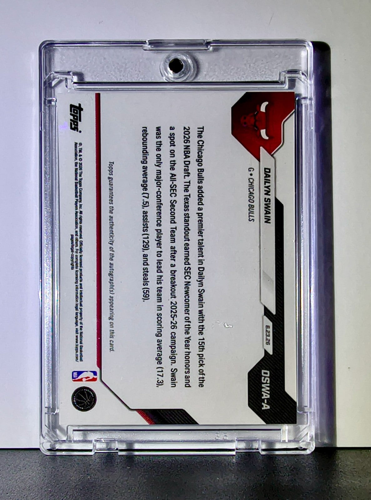 Dailyn Swain 2026 Rookie NBA Topps Draft #OSWA-A Autograph Card Bulls 02/10