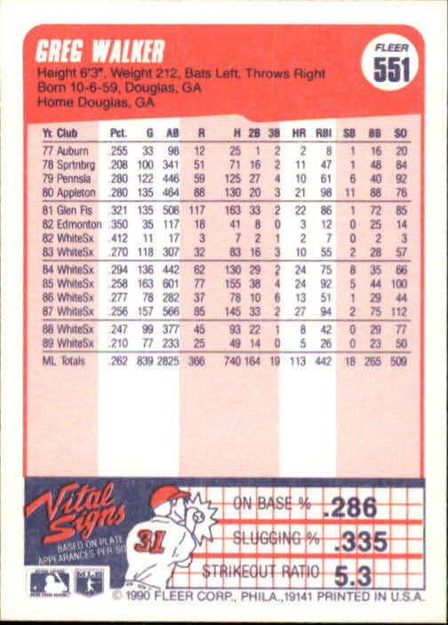1990 Greg Walker Fleer Baseball Card #551