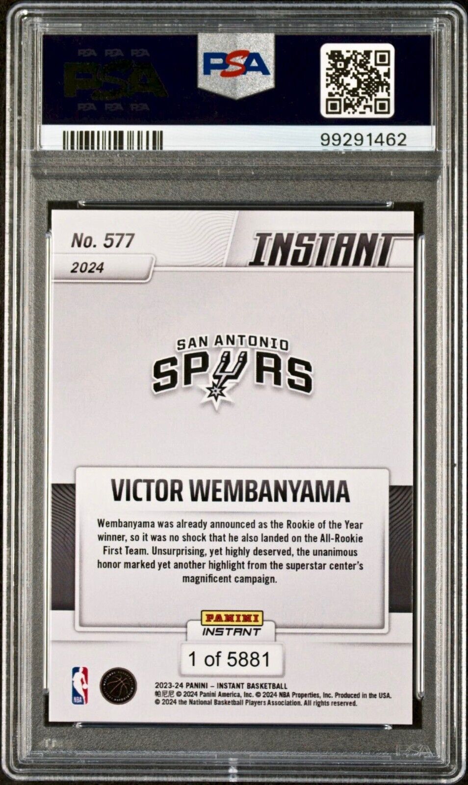 Victor Wembanyama 2023 Panini NBA All-Rookie 1st Team 577 Rookie Card PSA 9 Mint