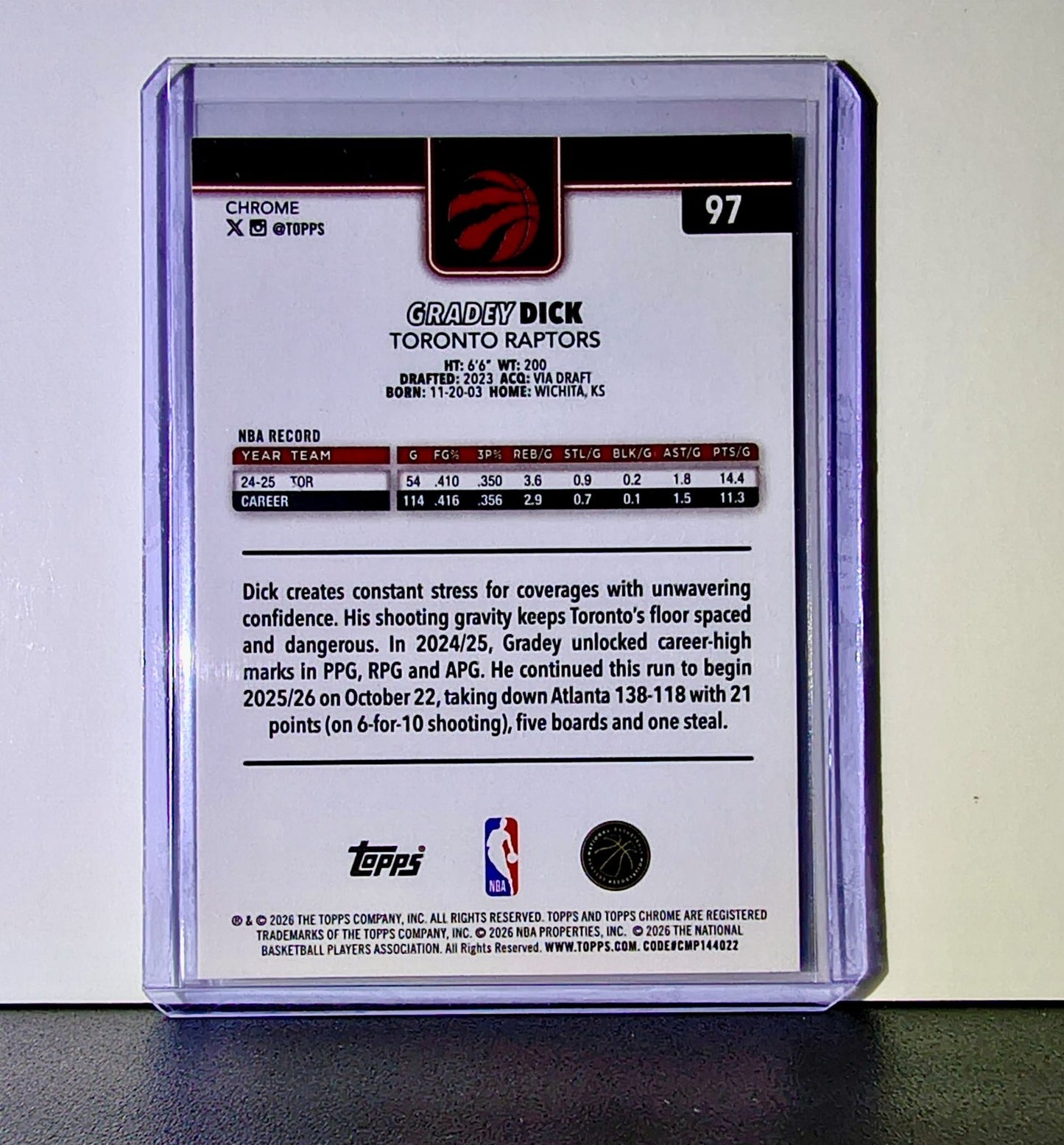 Gradey Dick 2025-26 NBA Topps Chrome Update #97 Basketball Card Toronto Raptors