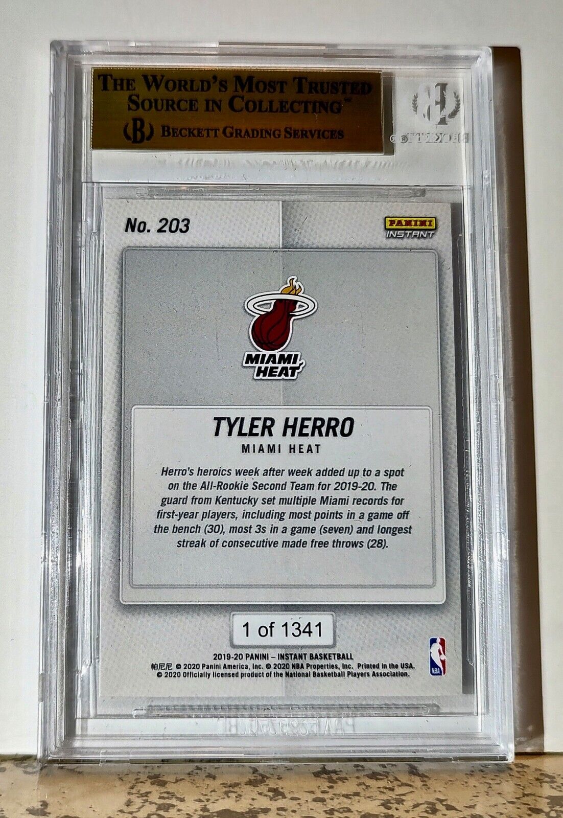 Tyler Herro 2019-20 Panini NBA #203 Rookie Basketball 1 of 1341 BGS 9.5 Gem Heat