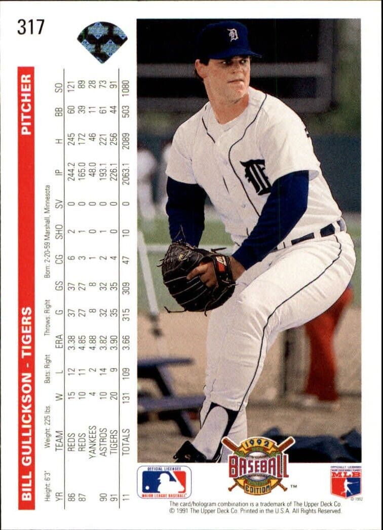 Bill Gullickson 1992 Upper Deck MLB #317 Baseball Card Detroit Tigers