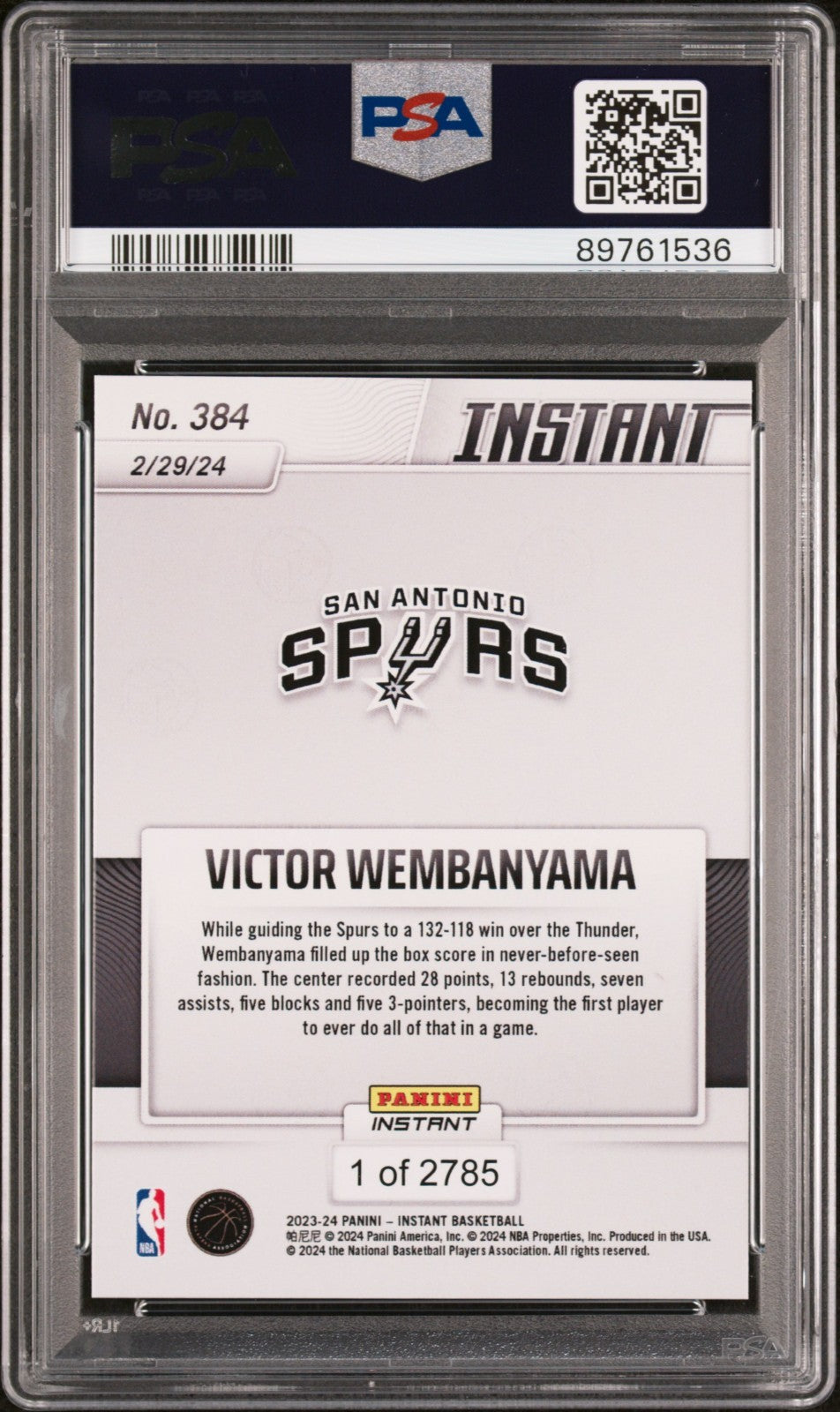 Victor Wembanyama 2023-24 Panini #384 NBA Rookie Card 1 of 2785 PSA 10 GEM MINT
