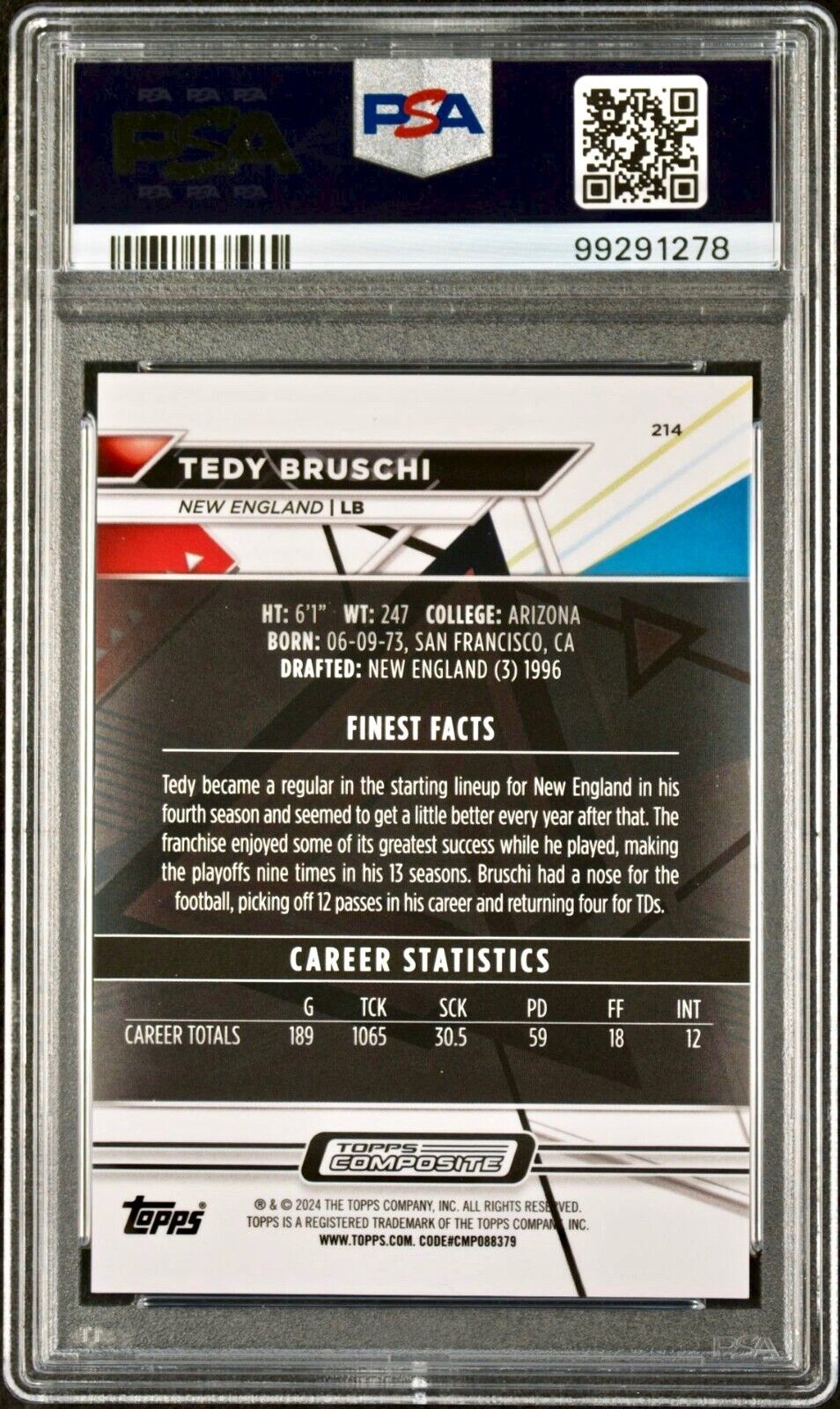 Tedy Bruschi 2023 Topps Finest 214 Blue Checkerboard Refractor 37/75 Card PSA 10