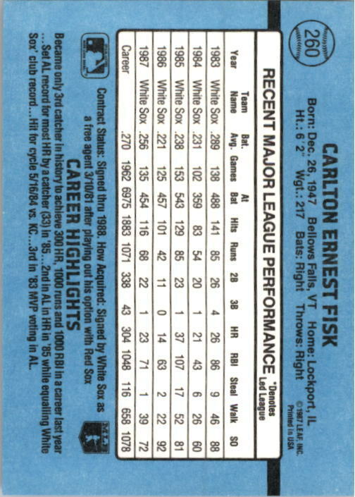 1988 Carlton Fisk Donruss Baseball Card #260