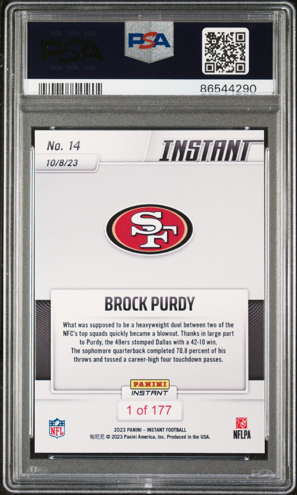 Brock Purdy 2023 Panini NFL #14 Football Card San Francisco 49ers PSA 9 Mint